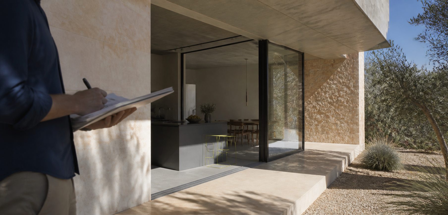 Arquitecto realizando la inspección técnica de una vivienda mediterránea